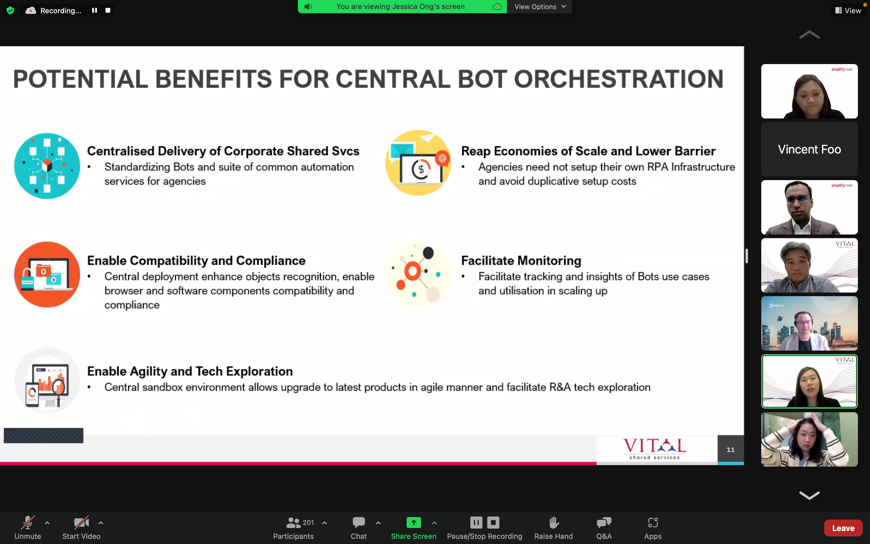 Zoom meeting showing a slide titled Potential Benefits for Central Bot Orchestration with five key points listed.